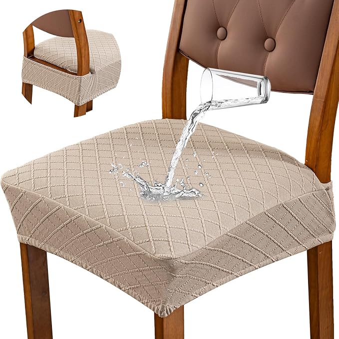 Genina Waterproof Seat Covers for Dining Room Chairs Covers Dining Chair Slipcovers Protector, No Rear Covers (Khaki, 6 Pcs)