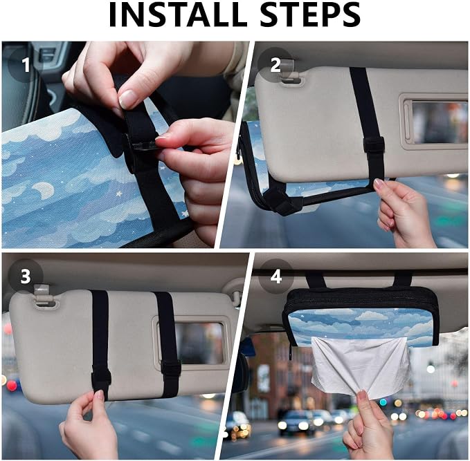 Car Visor Tissue Holder Mask Holder for Car, Car Tissue Box Sun Visor Napkin Holder Car Visor Accessories Adjustable Straps Reusable Durable Easy to Install Blue Gradient Cloud and Stars