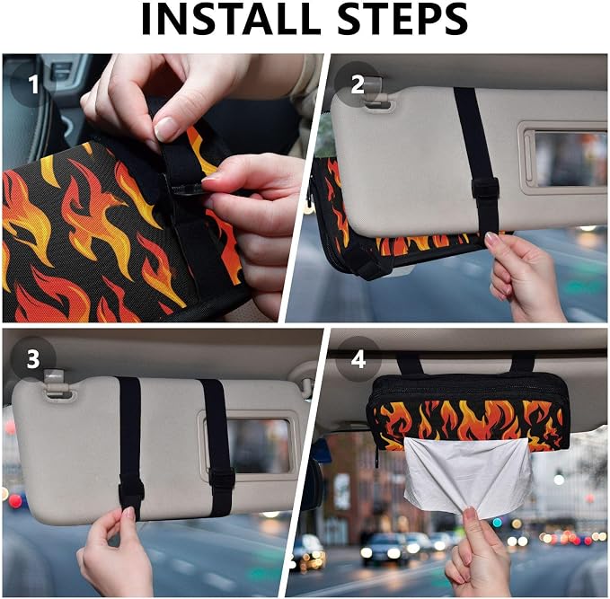 Car Tissue Holder Car Napkin Holder Tissue Box Dispenser Storage Case Sun Visor Mask Holder Accessories with Adjustable Straps Reusable Refillable Gradient Orange Red Flame