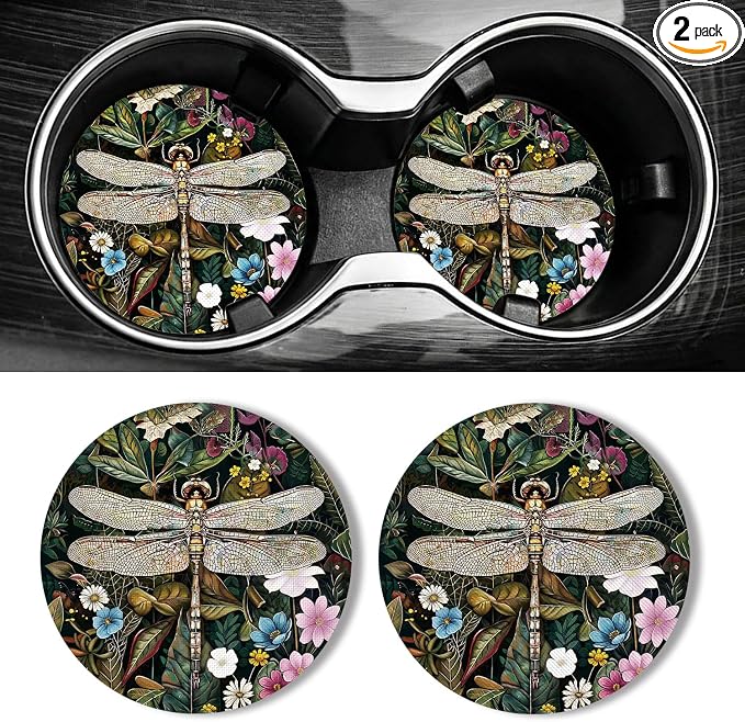 WOCOCN Car Coasters for Cup Holders - 2 Pack 2.75" Universal Rubber Car Cup Coaster, Non-Slip Waterproof Car Interior Accessories, Cute Car Decor Gifts for Women and Men (Dragonfly)
