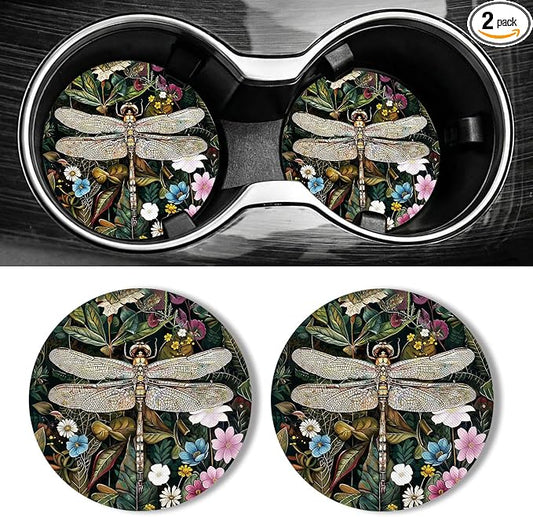 WOCOCN Car Coasters for Cup Holders - 2 Pack 2.75" Universal Rubber Car Cup Coaster, Non-Slip Waterproof Car Interior Accessories, Cute Car Decor Gifts for Women and Men (Dragonfly)