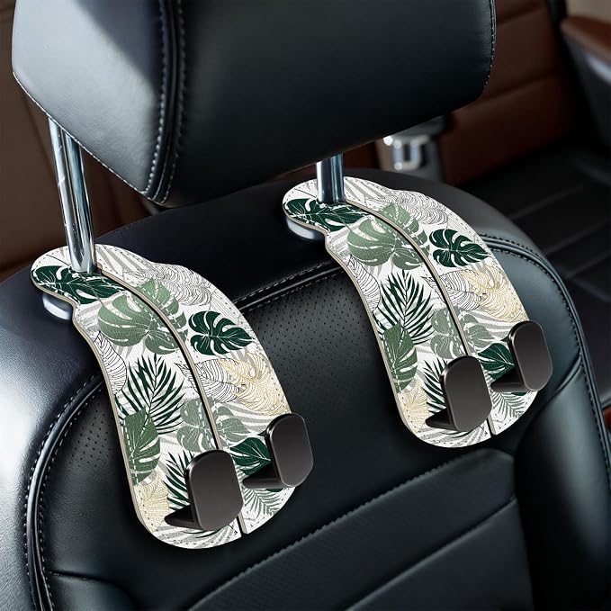 Blusabaca 2PCS Car Seat Back Storage Headrest Hooks, Tropical Leaf Purse Holder Bags Hanger, PU Leather Double Metal Hook for Backseat Organizer, Women Car Accessories Organization