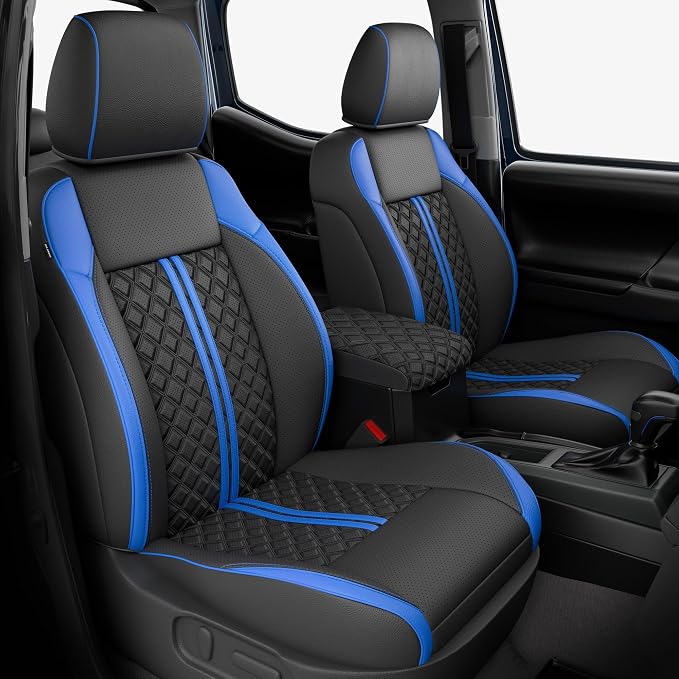 Custom Seat Covers for Tacoma 2016-2023 3rd Gen Double Cab SR5/TRD Off-Road/SR/TRD Sport/TRD PRO Full Set with Console Covers, Waterproof Leather Back and Front Seat Protectors Black Blue
