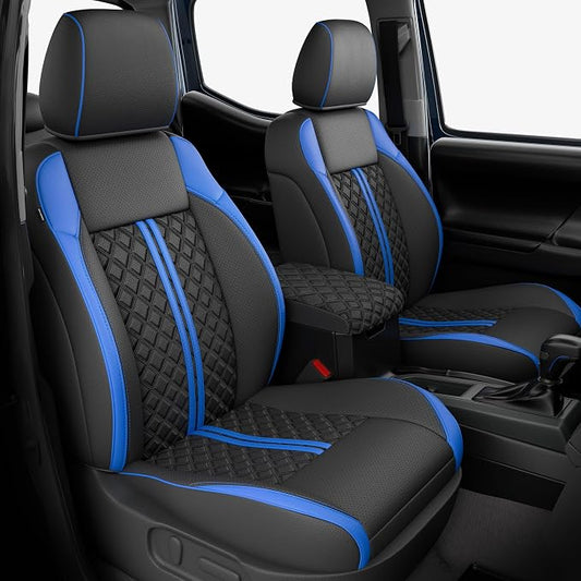 Custom Seat Covers for Tacoma 2016-2023 3rd Gen Double Cab SR5/TRD Off-Road/SR/TRD Sport/TRD PRO Full Set with Console Covers, Waterproof Leather Back and Front Seat Protectors Black Blue