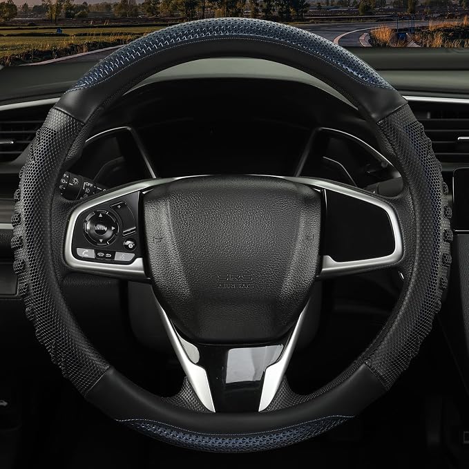 Anti-Slip Silicone Steering Wheel Cover Great Grip with 3D Honeycomb | Heavy-duty Microfiber Leather Sporty Design, Universal 14.5 inch - 15 inch, Black with Blue