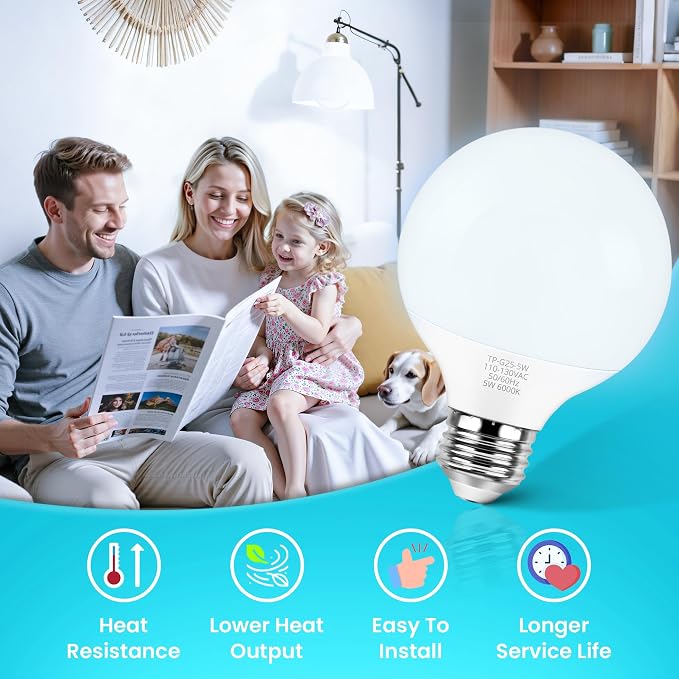 MAXvolador G25 LED Globe Light Bulbs 60W Equivalent, Cool White 6000K Bathroom Vanity Round Bulb, 500LM E26 LED for Makeup Mirror, Non-Dimmable 4 Pack