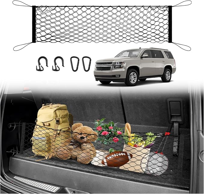 Karltys Cargo Net for Chevy Tahoe 2015-2020 Suburban/GMC Yukon Trunk Net | Envelope Style Elastic Mesh Net | Heavy Duty Metal Hooks | Chevrolet Tahoe Accessories