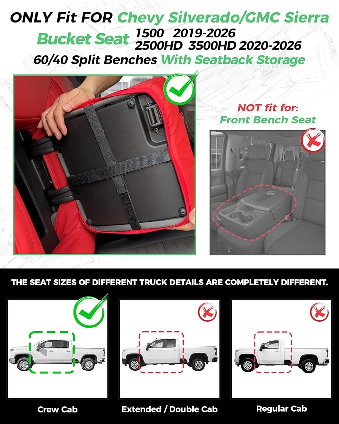 Custom Fit Seat Covers for 2019-2026 Sierra/Silverado 1500 CrewCab | Fits 2500/3500HD 2020-2026, with Rear Armrest/Seatback Storage, Faux leather, Waterproof, Scratch-resistant, Easy-clean