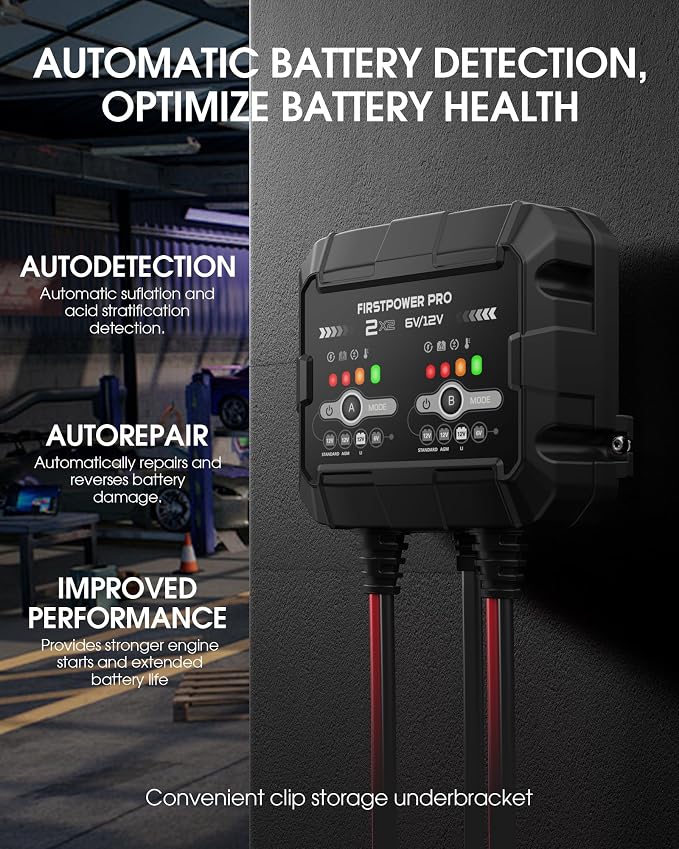 4A 2-Bank Smart Battery Charger (2A/Bank) - 6V/12V Automatic Trickle Charger, Battery Maintainer & Desulfator with Overcharge & Temperature Compensation – for Lead Acid, AGM, Gel, LiFePO4 Batteries
