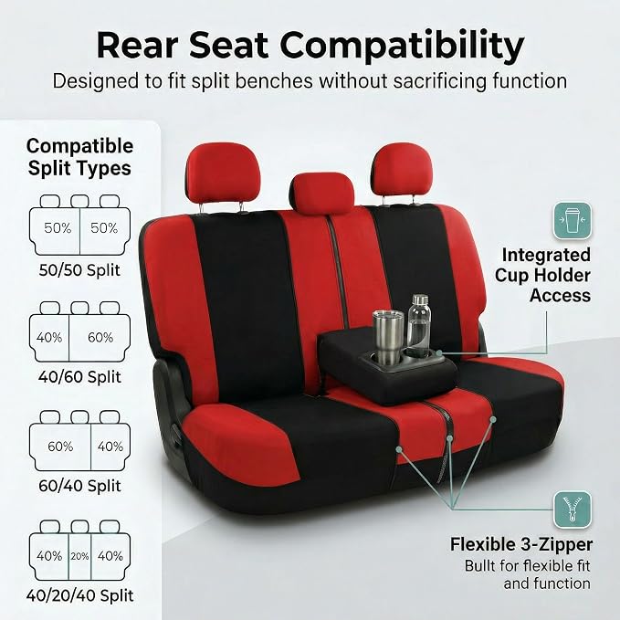 FH Group Universal Automotive Seat Covers 8 Seater Set | Light & Breezy Flat Cloth Washable Car Seat Cover for SUV, Sedan, Truck | Airbag Compatible Interior Upgrade - Red/Black