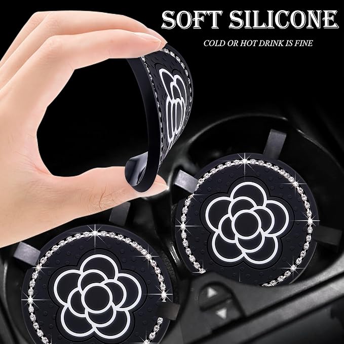 Bling Cup Coaster for Car – 2-Pack 2.75 Inch Silicone Holder Insert, Universal Fit, Anti-Slip & Durable, Decorative Car Accessories (Black Flower)