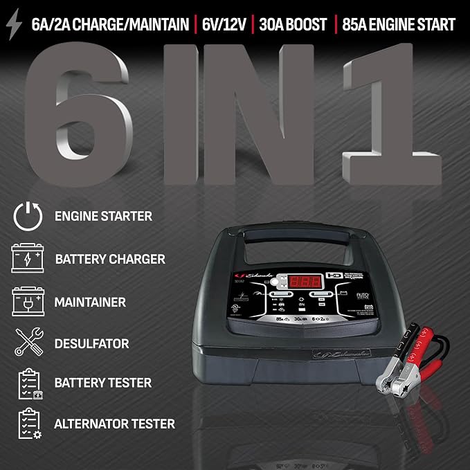 Schumacher Electric 6A Car Battery Charger and 85A Engine Starter, 6-in-1 Solution, Maintainer, 30A Boost, for 6V/12V Power Sport, Automotive, and Marine Batteries, SC1362