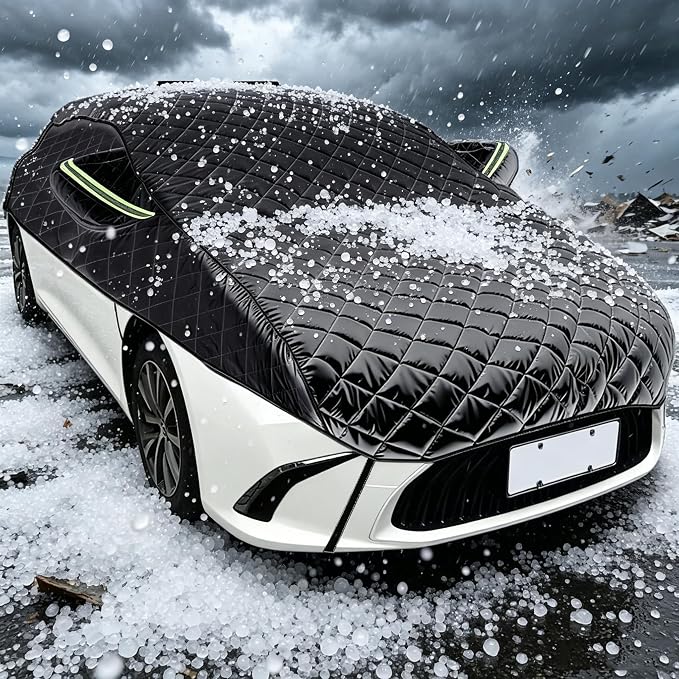 Hail Protection Car Cover Half Cover,5-Layer Heavy Duty Waterproof 210T Taffeta with Double Cotton Padding,Sun UV Rain Snow Resistant,fit Sedan Length from 4.5-5.2M,SUV 4.5-4.9M(Color:Black)
