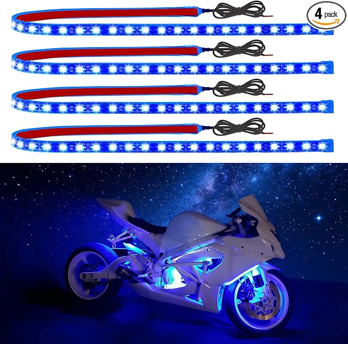 Car LED Strip Lights IP68 Waterproof Cuttable 24inch Blue 4 Pcs | 12V Footwell & Underbody Lights, 5050 SMD Beads, Interior & Exterior Light, Fits SUVs, Trucks, Motorcycles, Boats, Golf Carts