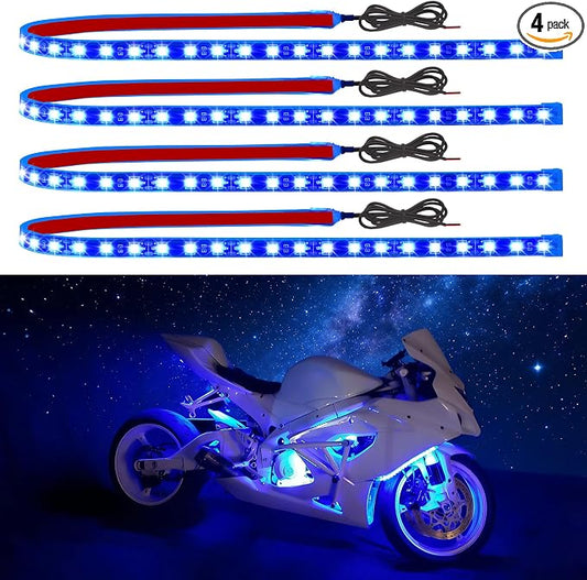Car LED Strip Lights IP68 Waterproof Cuttable 24inch Blue 4 Pcs | 12V Footwell & Underbody Lights, 5050 SMD Beads, Interior & Exterior Light, Fits SUVs, Trucks, Motorcycles, Boats, Golf Carts