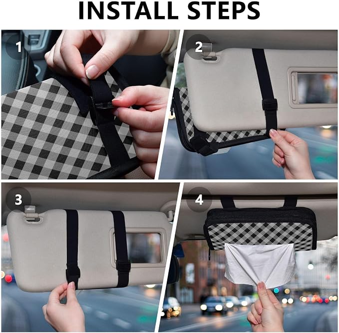 Car Visor Tissue Holder Mask Holder for Car, Car Tissue Box Sun Visor Napkin Holder Car Visor Accessories Adjustable Straps Reusable Durable Easy to Install Black and Grey Gingham