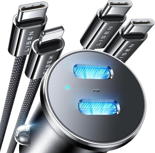 LISEN 90W Car Charger USB C Fast Charge,USB C Car Charger,Type C for iPhone | USB C Car Charger Fast Charge for iPhone 17 Pro Max 16 15 14 13 12 11, for Samsung S26 S25 S24 [with Lightning & USB-C Cable]