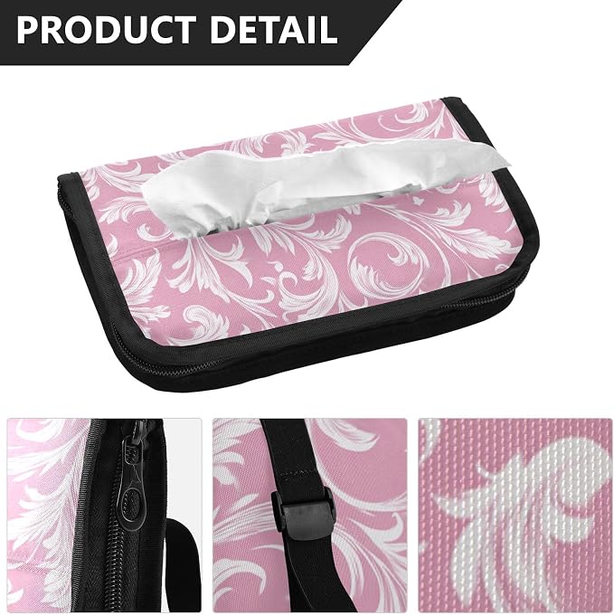 Car Tissue Holder Car Napkin Holder Tissue Box Dispenser Storage Case Sun Visor Mask Holder Accessories with Adjustable Straps Reusable Refillable Pink Damask Swirl