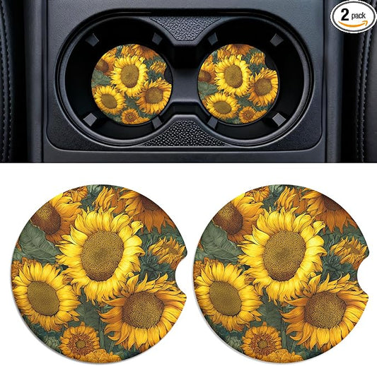 2 Pack Ceramic Car Coasters for Cup Holder, 2.56 in Anti Slip Absorbent Coaster with Cork Base and Finger Notch, Funny Cute Car Accessories for Women, Sunflower