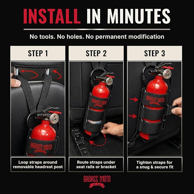 Badass Moto Car Fire Extinguisher Mount - Automotive Fire Extinguisher Mount for Vehicle Car Seat Headrest - Tool Free Seat Back Strap Install. Safety Kit Accessories for Jeep, Truck & SUV - 45 Pack