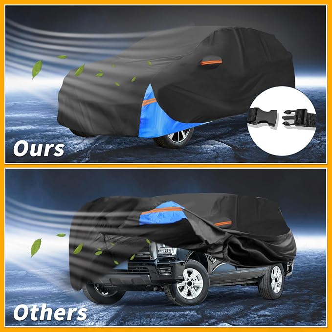 Waterproof All-Weather Universal Car Cover with Right Side Zipper, 190T Polyeste Black Blue Fits for SUV 190" to 200" Length
