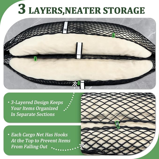 3-Layer Cargo Net for Honda Ridgeline 2017-2026, Zipper Bag Truck Bed Net for Groceries, Heavy Duty Oxford Cargo Organizer Storage Nets with Carabiners