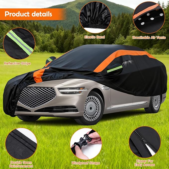 Universal Fit Car Cover for Sedan Length 209-218in, Waterproof Automobiles Cover All Weather Compatible with Chevrolet Caprice, Lincoln Continental, Cadillac DTS, Ford Crown Victoria