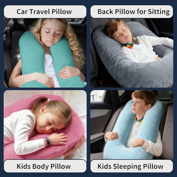 Travel Pillow,Car Pillow for Kids on Road Trip,Head and Neck Support,Black | Car Travel Essentials Sleeping Pillow for Kids and Adults with Adjustable Strap,Plush Faux Fur, High-Resilience PP Cotton