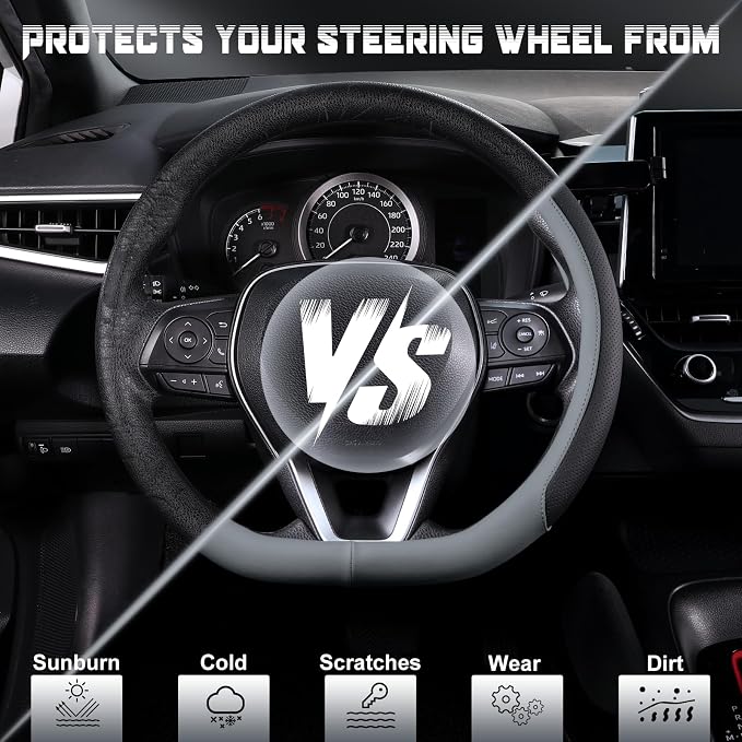 SEG Direct D Shaped Steering Wheel Cover for 14.5-15 inch Flat Bottom Wheels, Breathable Perforated Microfiber Leather, Anti-Slip Grip, Universal Fit for Cars & SUVs, Black and Gray