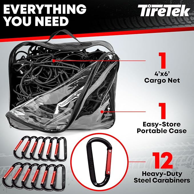 Cargo Net for Pickup Truck Bed (4'x6' Stretches to 8'x12') Double Thick Heavy Duty Truck Bed Net for Dad, & Husband - 12 Metal Carabiners, Bungee Mesh Accessory with Strap Hooks