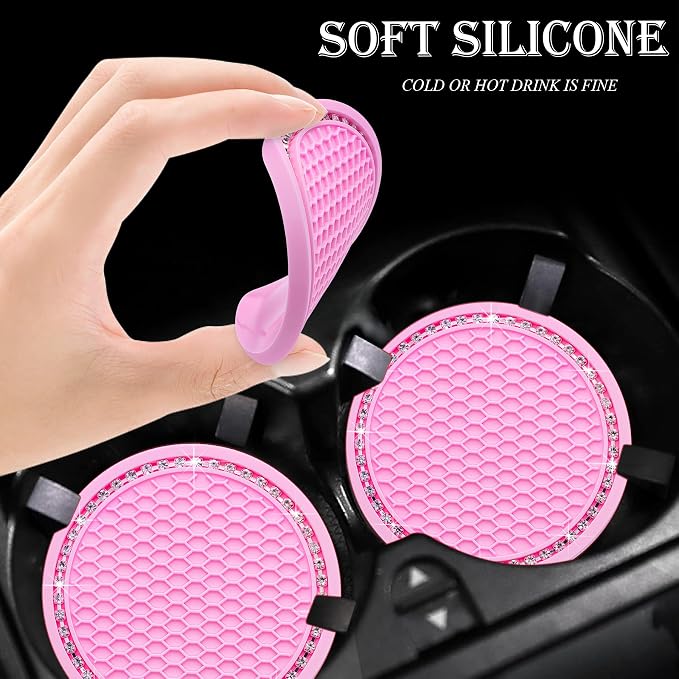 4PCS Bling Cup Holder Coaster, 2.75 Inch Auto Car Cup Holder Insert Coasters, Soft Silicone Anti-Slip Shockproof, Universal Vehicle Interior Accessories for Women Girls (Pink & White)