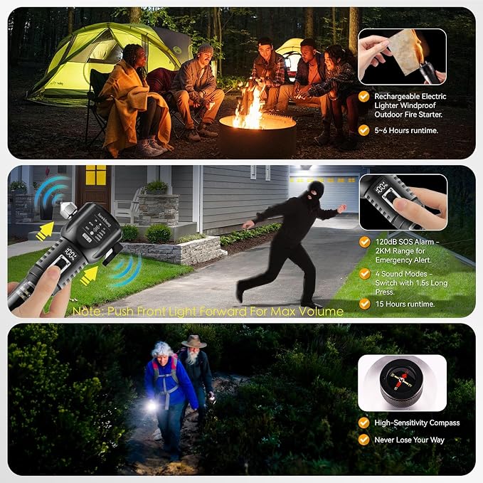 18-in-1 Car Emergency Flashlight, Window Breaker Seatbelt Cutter | 800LM solar/usb flashlight, magnetic base, emergency power bank, electric lighter, 120dB alarm & compass. Ideal driver gift