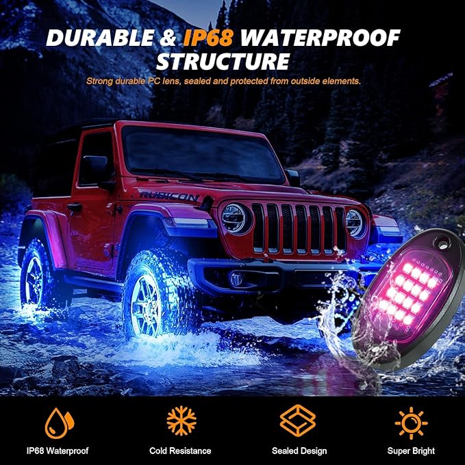 24 Pods RGB LED Rock Lights for Semi Trucks Offroad Pickup Trailer Sedan Boat, 12V Waterproof Dual Zone APP/RF Control Music Mode Brake Light Red Green Blue Underglow Neon Kit with Extension Wires