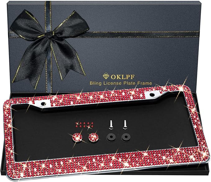 Bling License Plate Frame for Women, Sparkly Stainless Steel License Plate Frames| Over 1200 pcs 14 Facets Bedazzled Clear Glass Diamond Rhinestone Crystals w/Free Glitter Diamond 1PCS Box (Red)