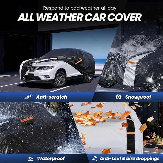 Multi-Layer Car Cover Custom Fit for Nissan Rogue(2016-2026), 100% Waterproof All Weather for Automobiles, Gift with Towel, Heavy Duty Car Covers for Rain Sun UV Protection with Door Zipper