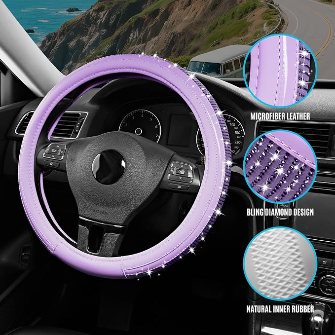 Road Comforts Bling Steering Wheel Cover – Purple Diamond Design, Universal Fit 14.5-15 Inch, Microfiber Leather, Anti-Slip & Breathable Design for Men and Women