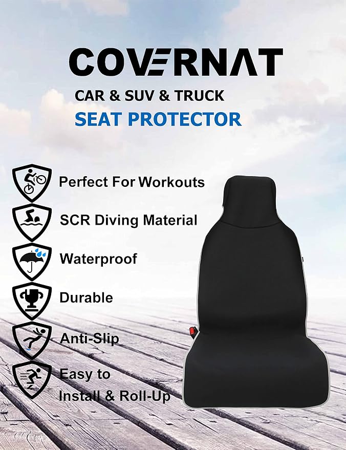 Waterproof Stain Resistant Car Seat Cover for Automotive Van Trucks and SUVs Durable Neoprene Non-Slip Seat Protector with Quick Install Design Perfect for Post Gym Yoga Workout-Black