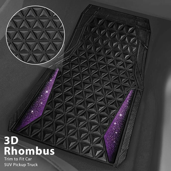 CAR PASS Bling Rubber Car Mats Diamond Floor Mats Full Set Anti-Slip 3D Rhombus Waterproof Universal Trim to Fit Liner Glitter Crystal Sparkly Shining Rhinestone Girl Women SUV Sedan Van, Black Purple