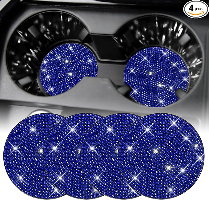 SINGARO Bling Cup Holder Coasters for Car, 4PCS Universal Non-Slip Cup Holder, Embedded Decorative Coasters, Shiny Crystal Car Interior Accessories Gifts for Women (Blue)