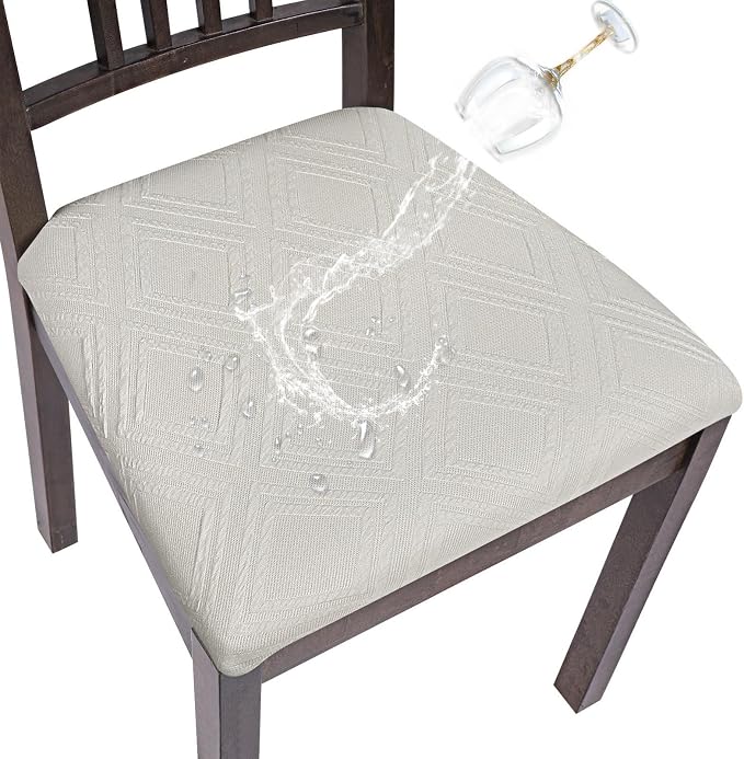 SearchI Water Repellent Seat Covers for Dining Chairs, 6 Pack Jacquard Stretch Dining Room Chair Seat Covers, Kitchen Chair Seat Covers Protectors(Beige Diamond)