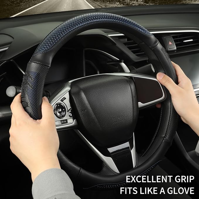 Anti-Slip Silicone Steering Wheel Cover Great Grip with 3D Honeycomb | Heavy-duty Microfiber Leather Sporty Design, Small 13.5 inch - 14 inch, Black with Blue