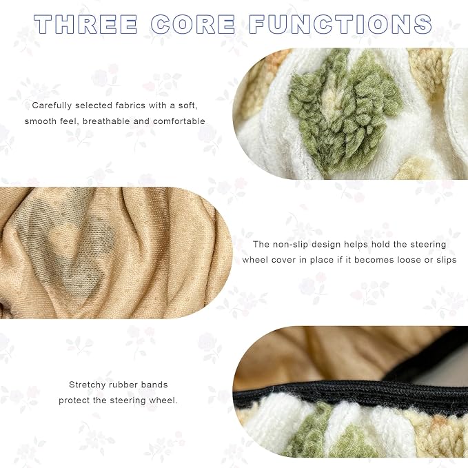 Plush Flowers Steering Wheel Cover, 15 inch Anti-Slip Breathable Steering Wheel Protector Cute Floral Decor, Elastic Soft Wheel Cover Universal Fit for Most Vehicles (Beige)