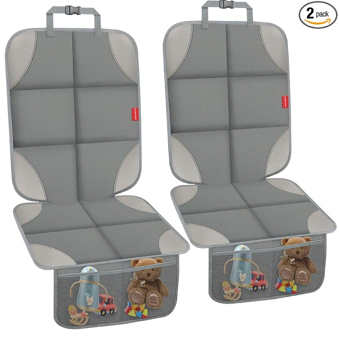 Car Seat Protector, Waterproof 600D Fabric Carseat Seat Protectors with Non-Slip Backing, Car Seat Cushion for Child Car Seat with Thickest Pad, Storage Pockets, Back Car Seat Cover for Kids, 2 Pack
