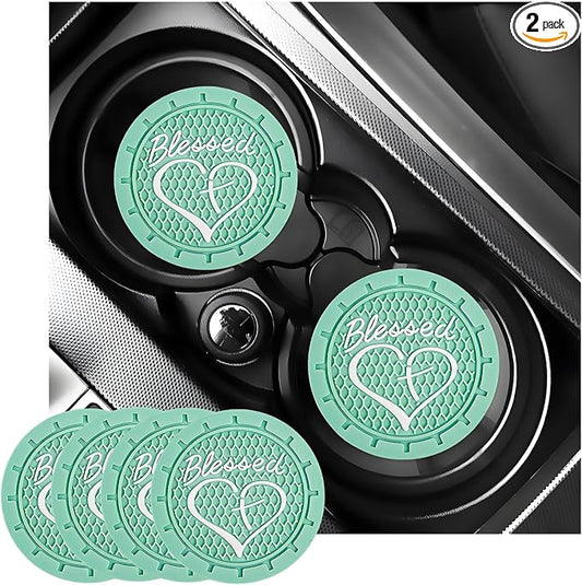 KVAEY 2 PCS Car Cup Holder Coasters, 2.76 Inch Anti Slip Vehicle Drink Mats with Cute Blessed Cross and Heart, Shockproof, Universal Car Accessories (Light Green, 4 PCS)