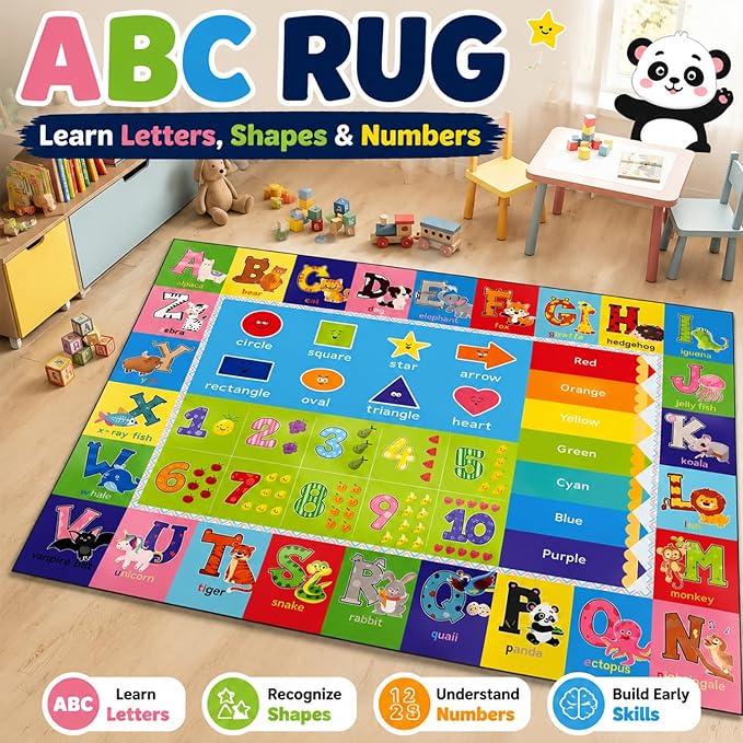 ABC Kids Play Rug, Non-Slip Classroom Carpet, 110" x 78.7" | Colorful ABC pattern, soft low-pile surface, non-slip backing, ideal for playrooms and classrooms