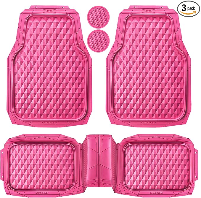 CAR PASS Heavy Duty Rubber Pink Car Floor Mats, Deep Dish All-Weather Full Set Durable Anti-Slip 3D Rhombus Waterproof Trim to Fit Liner Universal Fit Automotive,Sedan,SUV,Truck, 3 Pcs Hot Pink