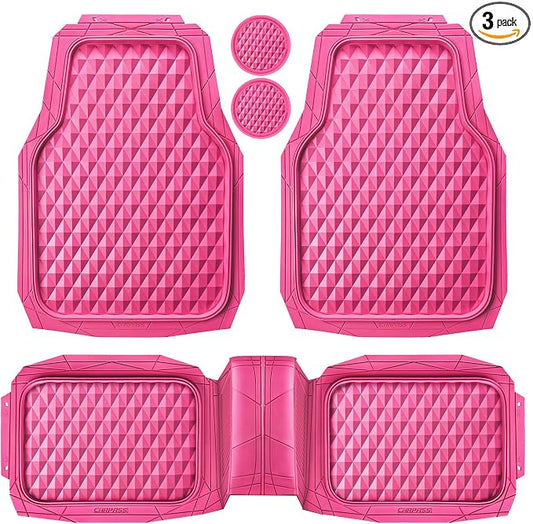 CAR PASS Heavy Duty Rubber Pink Car Floor Mats, Deep Dish All-Weather Full Set Durable Anti-Slip 3D Rhombus Waterproof Trim to Fit Liner Universal Fit Automotive,Sedan,SUV,Truck, 3 Pcs Hot Pink