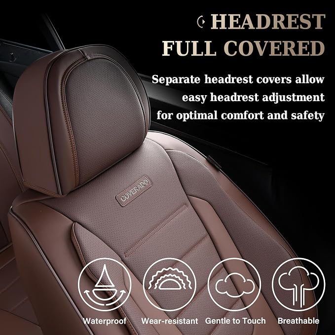 Coverado Car Seat Covers Full Set, Nappa Leather Seat Covers for Cars, Car Seat Protector Car Seat Cushion, Front and Back Seat Protectors Cushions Universal Fit for Most Cars Vehicles(Brown)