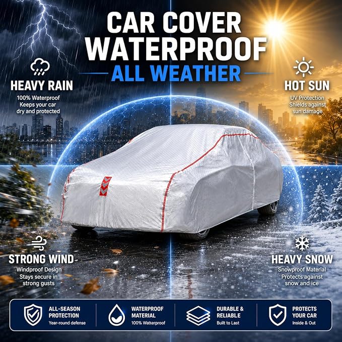 Car Cover Waterproof All Weather, 60 S Quick Install Underbody Wrap-Around Mount Car Covers for Automobiles （Copue-178 to 185 in）