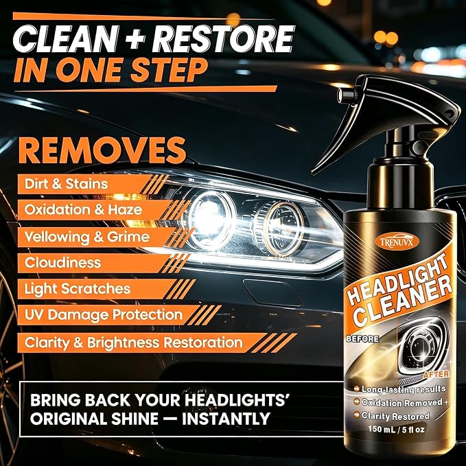Headlight Restoration Kit-Headlight Cleaner, Quick Spray Eliminates Haze & Oxidation, Restores Foggy Headlamps to Like-New Clarity, No Sanding, UV Protection for All Cars & Trucks, 5 fl oz | No sanding required – simply spray and wipe, zero experience ...